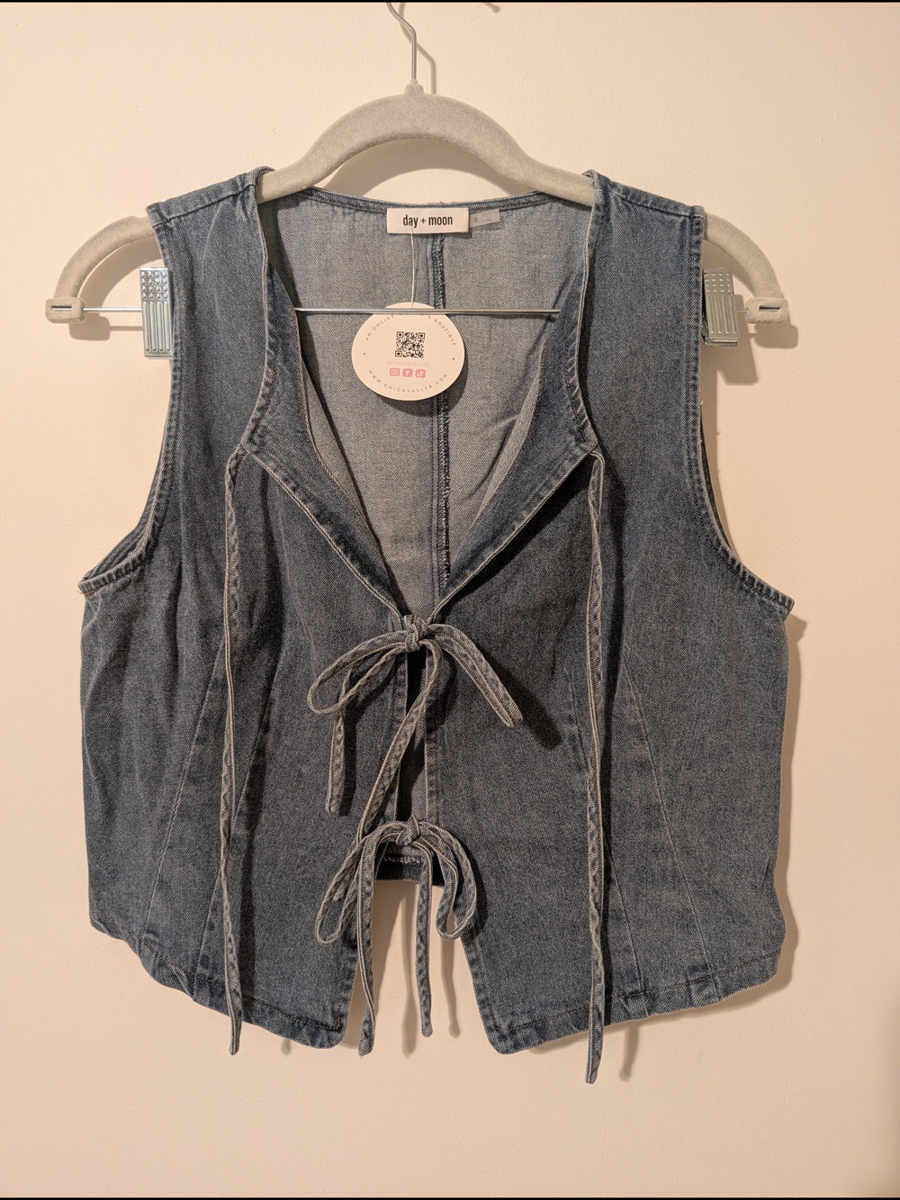 day + moon Denim Tie-Front Vest in Light Blue Wash